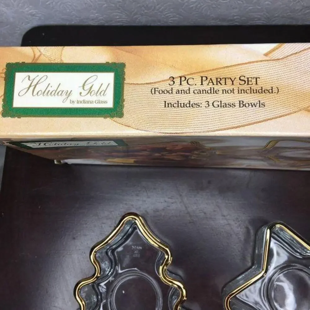 Indiana Glass 3 Piece Holiday Gold Party Set Vintage In Box Bell Tree Star